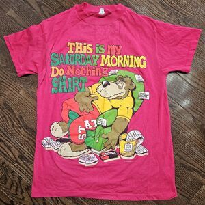 90s Saturday Morning Do Nothing T-Shirt L cartoon joke bear Pink Single Stitch